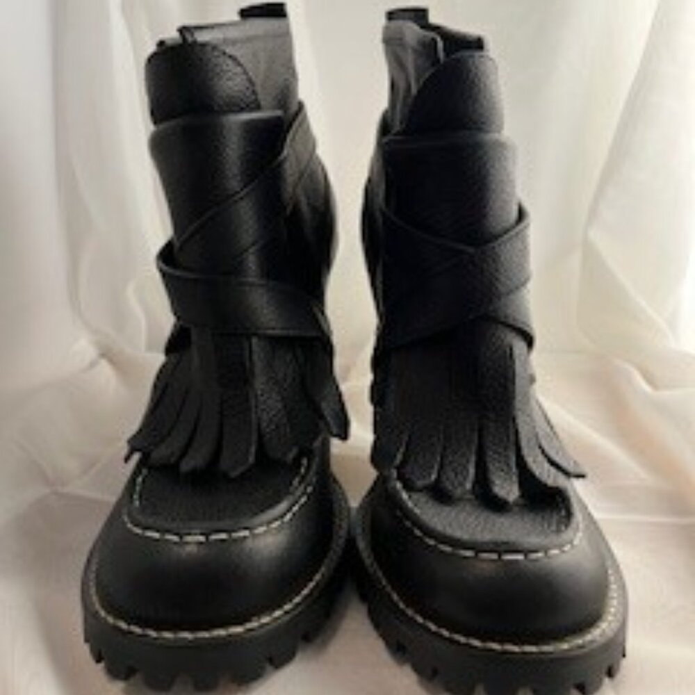 TORY BURCH Lyle Black Leather Fringe Lug Sole Stiletto Ankle Booties Sz 10B NWOT